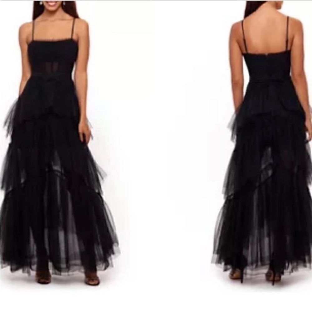 Betsy & Adam A24201 Tiered Tulle Ruffle Gown in Black $309